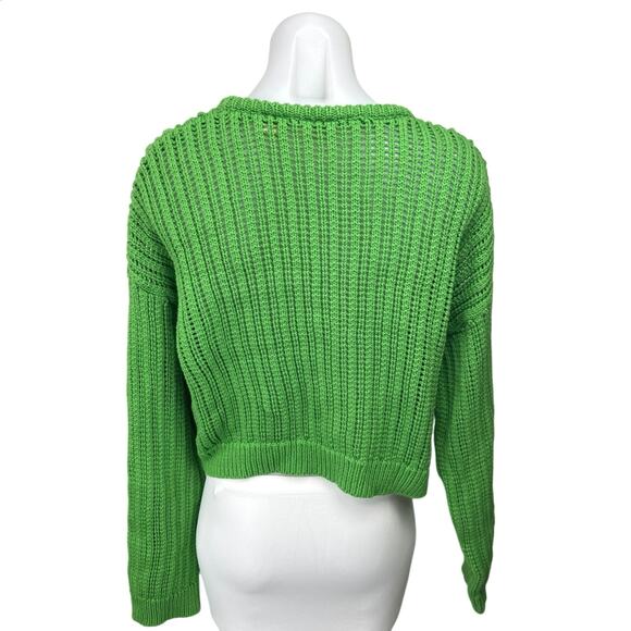 Levi's Women's Green Open Knit Crochet Long Sleeve Pullover Crop Sweater Top S - Picture 2 of 5
